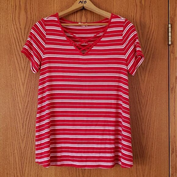 EUC Bright Red & White Striped Westport Top with Lattice Neckline Sz S - Picture 1 of 4